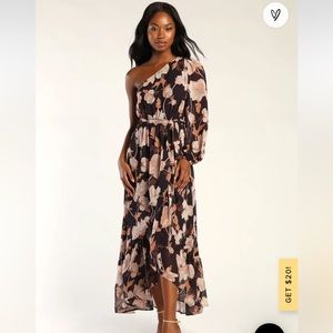 Lulu’s Floral Romance Brown & Pink Floral One-Shoulder Midi Dress- Size Small